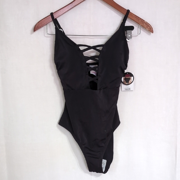 No Boundaries Black One Piece Swimsuit Laced Vneck Cheeky High Leg Size Small - Picture 1 of 6
